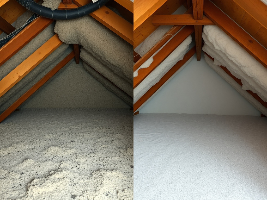 Before and after comparison of an attic — old dusty insulation versus a fully decontaminated, freshly re-insulated attic