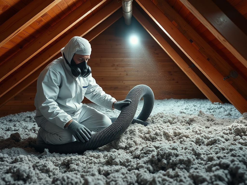 Technician in protective gear vacuum-removing old cellulose insulation from a residential attic